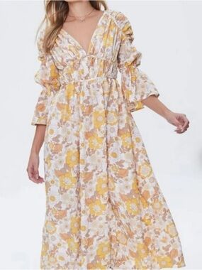 Forever 21 Cream and Yellow Floral Maxi Dress with Puff Sleeves